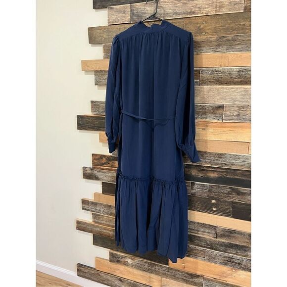 Joie NWT Roussel Ruched Ruffle-Trim Silk Navy Blue Midi Dress Sz S - Picture 3 of 9